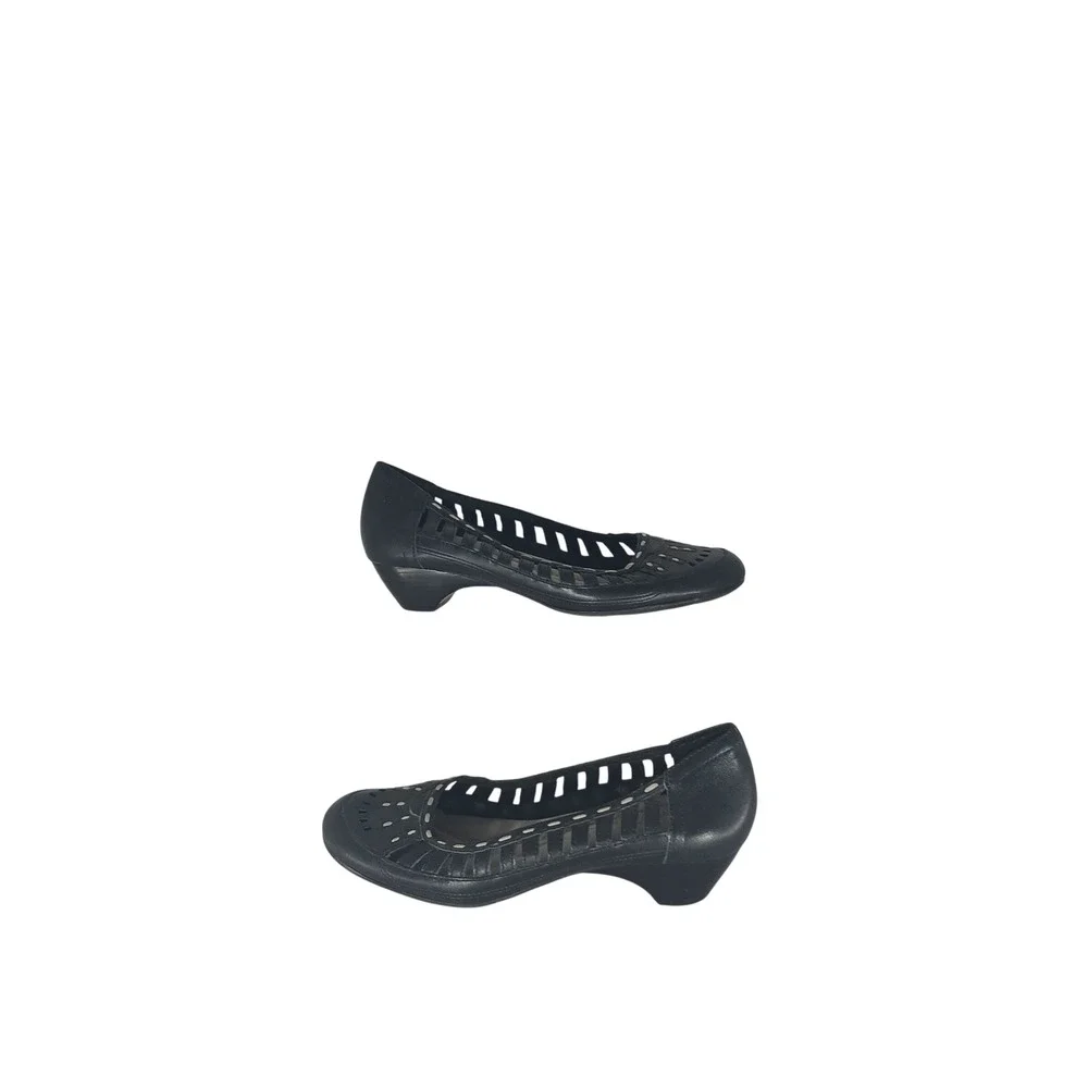 Strictly Comfort Wedge Pumps 6M Black Leather Laser Cut Out Low Heel Shoes